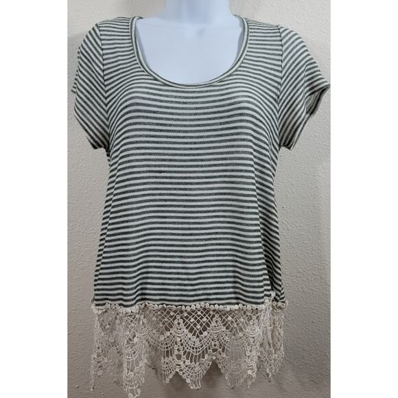Miami Green White Striped Crochet Hem Medium Lightweight Soft Short Sleeves - Picture 1 of 5